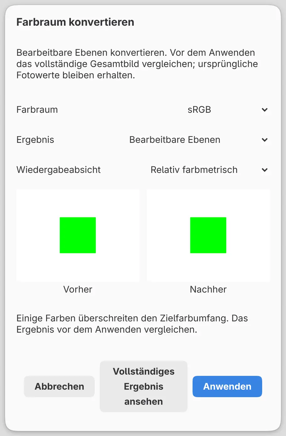 Der Dialog Farbraum konvertieren mit dem Vergleich Vorher und Nachher und der Meldung zum Farbumfang.
