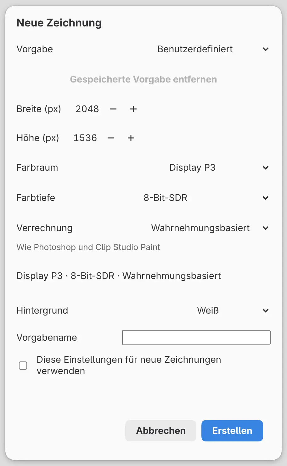 Der Dialog Neue Zeichnung mit Farbraum auf Display P3, Farbtiefe, Verrechnung und der Zusammenfassungszeile.