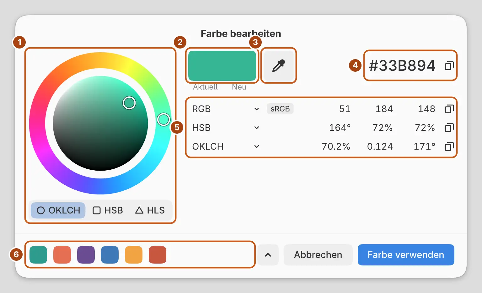 Der Dialog Farbe bearbeiten mit dem Farbrad links, Aktuell und Neu mit dem Hex-Code oben rechts, drei Wertezeilen und den zuletzt verwendeten Farben in der Fußzeile.