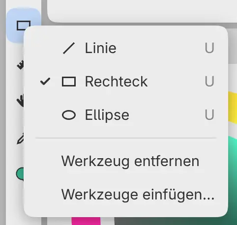 Das Menü der Schaltfläche Form in der Werkzeugleiste Werkzeuge des Arbeitsbereichs Malen mit Linie, Rechteck und Ellipse.