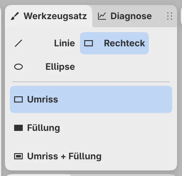 Das Bedienfeld Werkzeugsatz mit Linie, Rechteck und Ellipse über Umriss, Füllung und Umriss + Füllung.