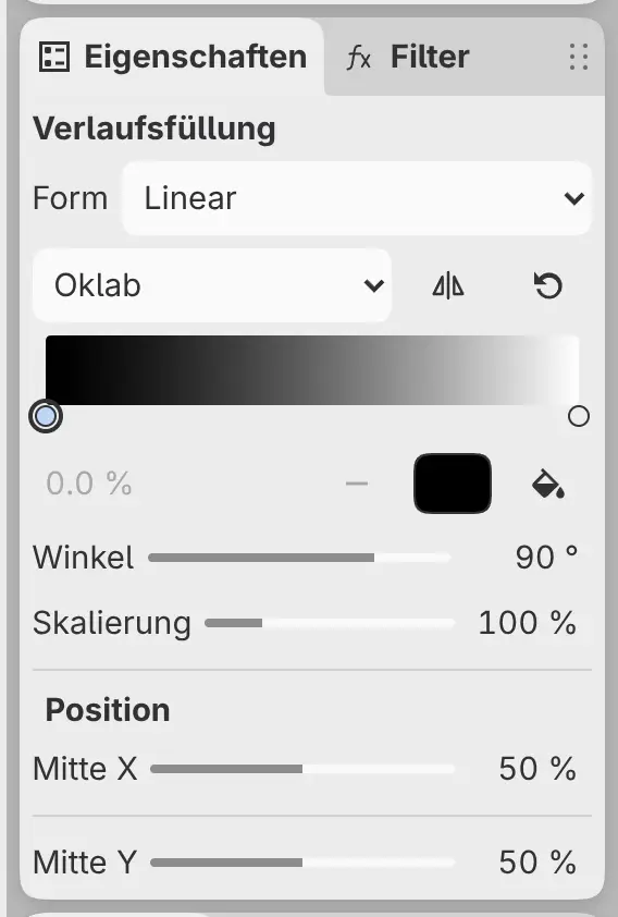 Das Bedienfeld Eigenschaften für eine Ebene mit Verlaufsfüllung mit Form, dem Farbstopp-Editor, Winkel, Skalierung und Position.