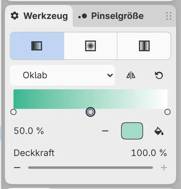 Das Bedienfeld Werkzeug für das Werkzeug Farbverlauf mit der Zeile Form, dem Farbstopp-Editor und Deckkraft.