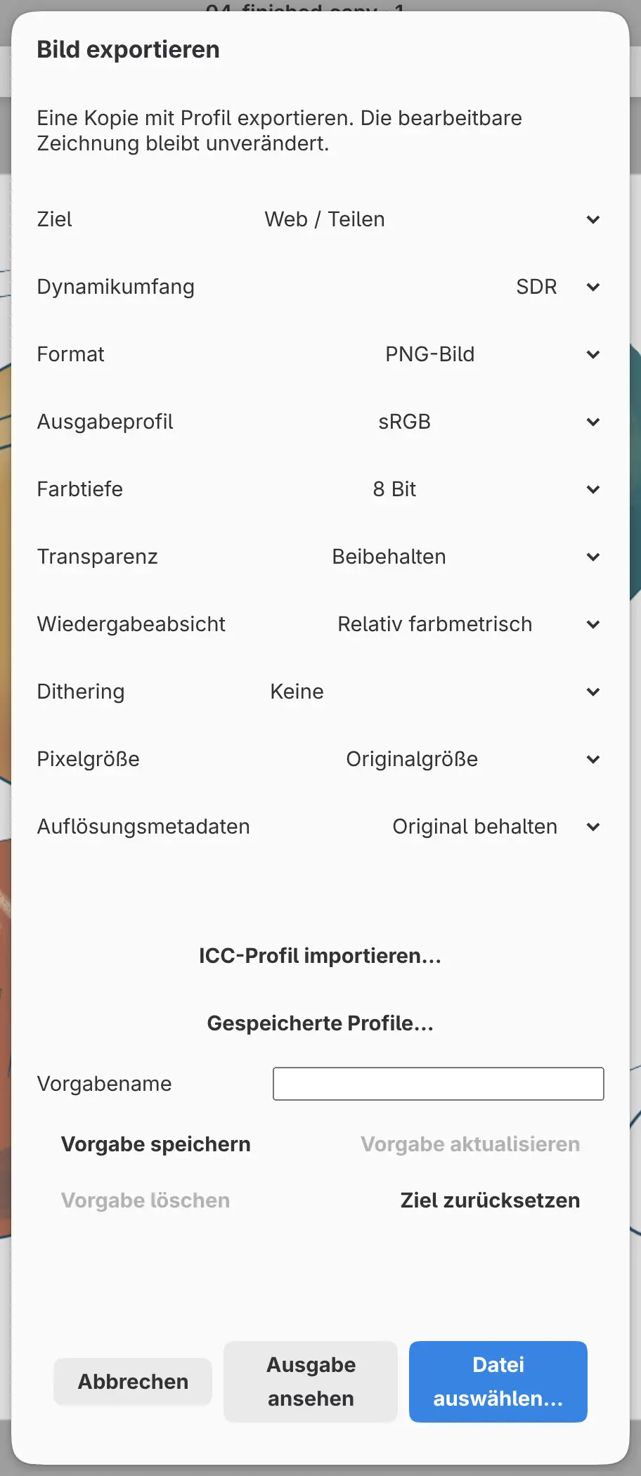 Der Dialog Bild exportieren mit Ziel auf Web / Teilen.