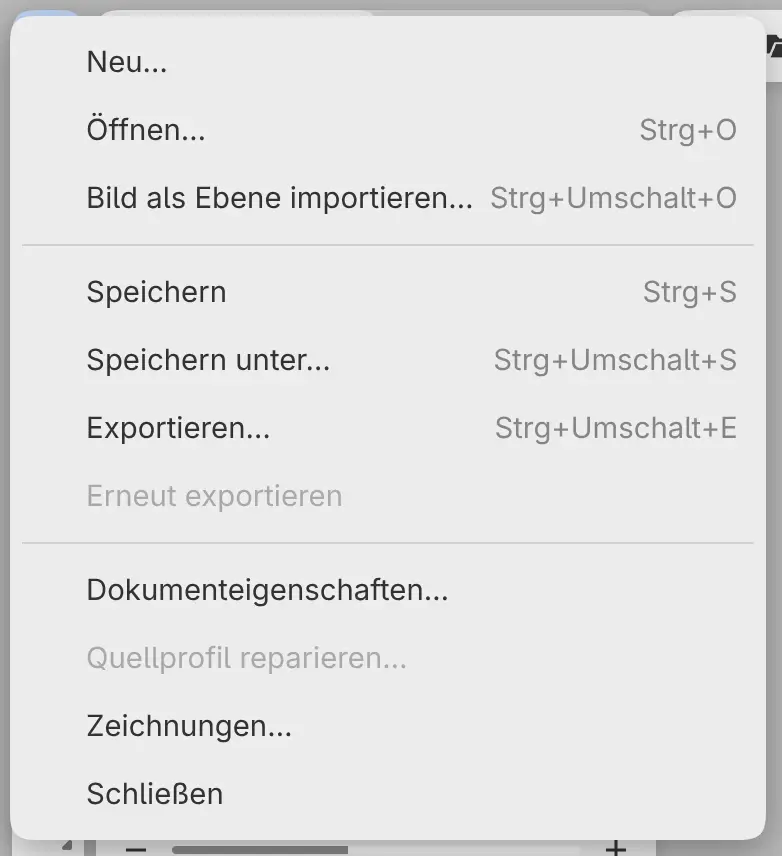 Das Menü Datei mit Neu…, Öffnen…, Speichern, Speichern unter… und Exportieren….