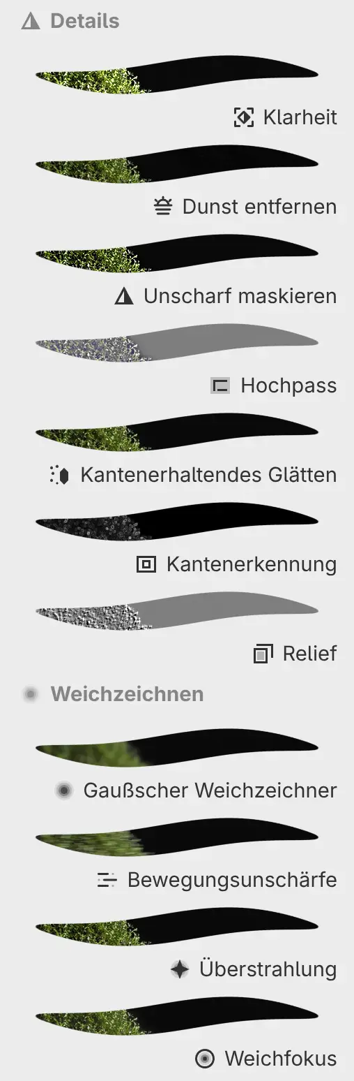 Das Bedienfeld Filter mit den Kategorien Details und Weichzeichnen und einer Vorschau jedes Filters.