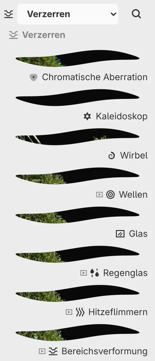 Das Bedienfeld Filter mit der Kategorie Verzerren und einer Vorschau jedes Filters.