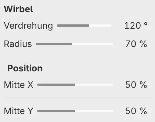 Das Bedienfeld Eigenschaften für Wirbel mit Verdrehung, Radius und den Einstellungen unter Position.