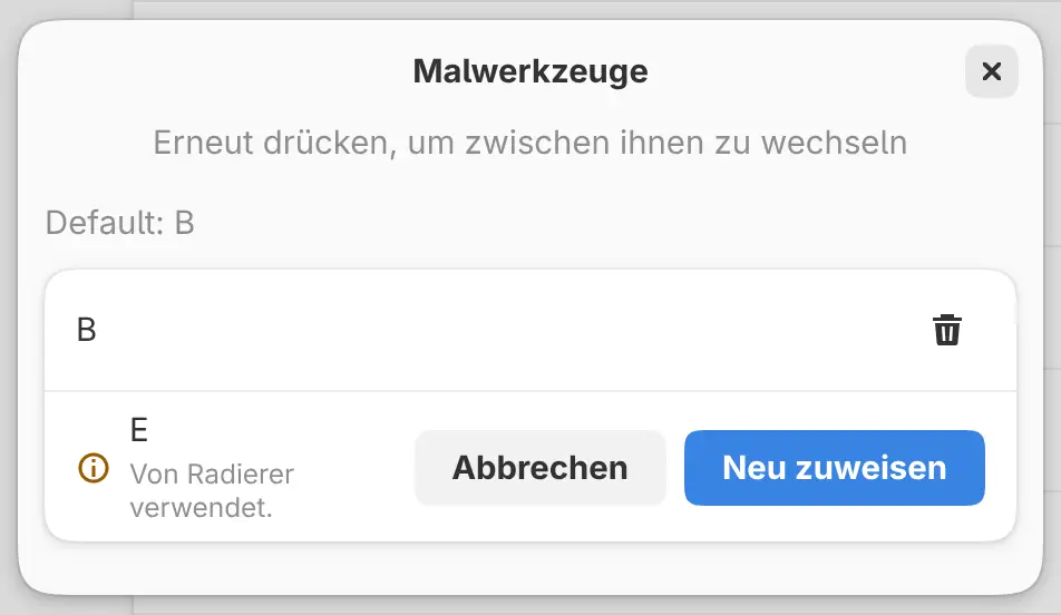 Der Tastenkürzel-Editor bietet an, eine Taste neu zuzuweisen, die ein anderer Befehl verwendet.