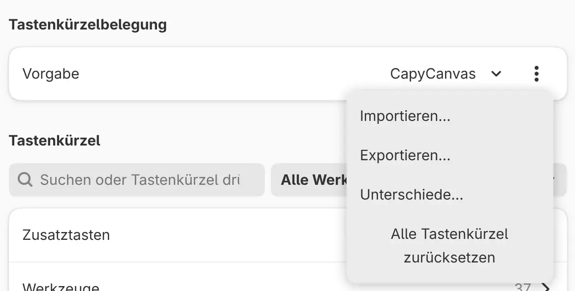 Das Menü Tastenkürzeloptionen.