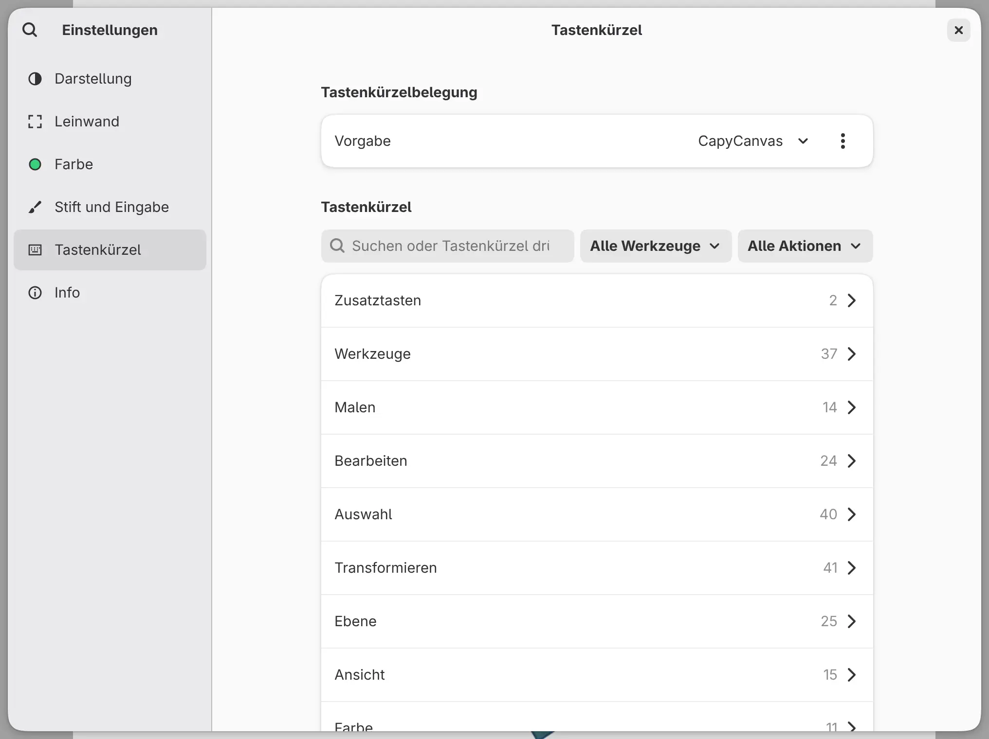 Die Seite Tastenkürzel mit der Gruppe Tastenkürzelbelegung und den Kategorien.