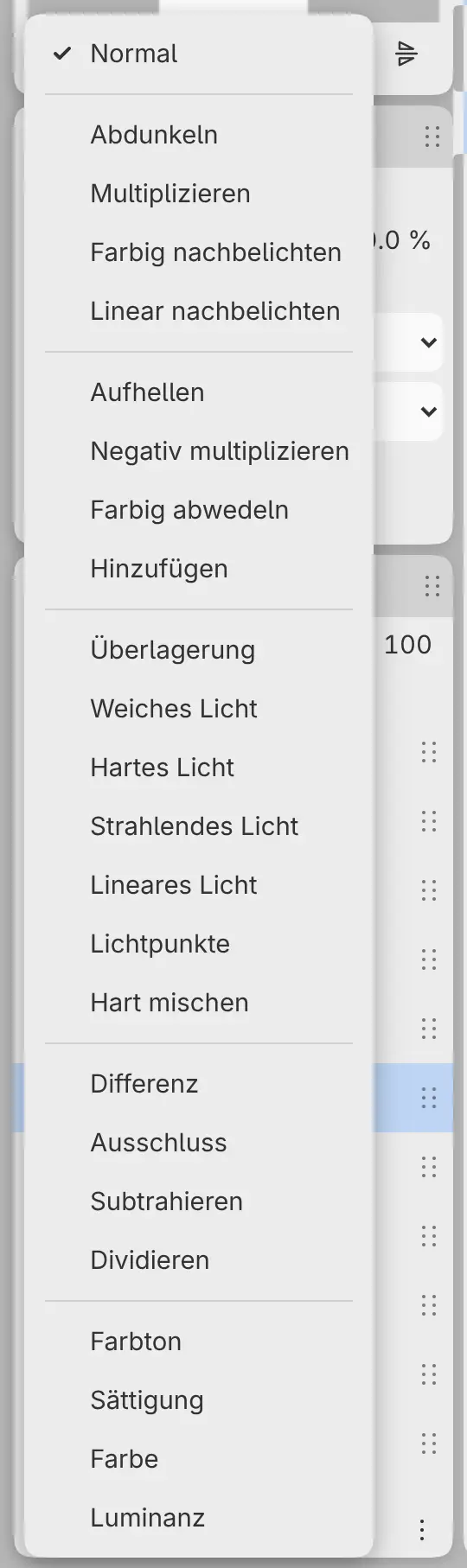 Das Menü der Verrechnungsmodi über dem Bedienfeld Ebenen geöffnet, Normal ist abgehakt.