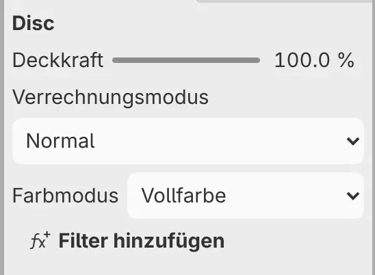 Das Bedienfeld Eigenschaften einer Malebene mit Deckkraft, Verrechnungsmodus und Farbmodus.
