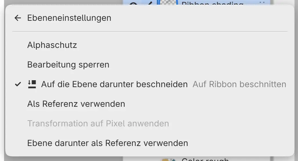 Das Untermenü Ebeneneinstellungen von Ribbon shading, mit abgehaktem Auf die Ebene darunter beschneiden und „Auf Ribbon beschnitten“ rechts.
