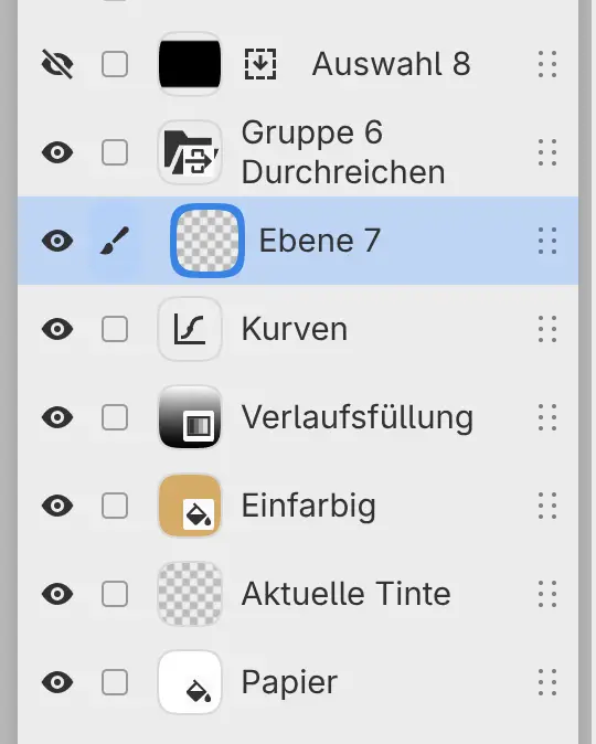 Das Bedienfeld Ebenen mit einer Auswahlebene, einer Gruppe mit Durchreichen, einem Filter Kurven, einer Verlaufsfüllung, einer einfarbigen Ebene, der Malebene Aktuelle Tinte und Papier.