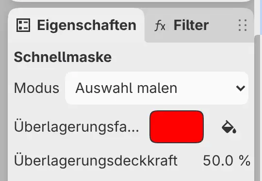 Das Bedienfeld Eigenschaften für die Schnellmaske mit Modus, Überlagerungsfarbe und Überlagerungsdeckkraft.