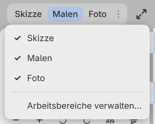 Das Menü Arbeitsbereichsoptionen mit einem Kontrollkästchen pro Arbeitsbereich und Arbeitsbereiche verwalten….