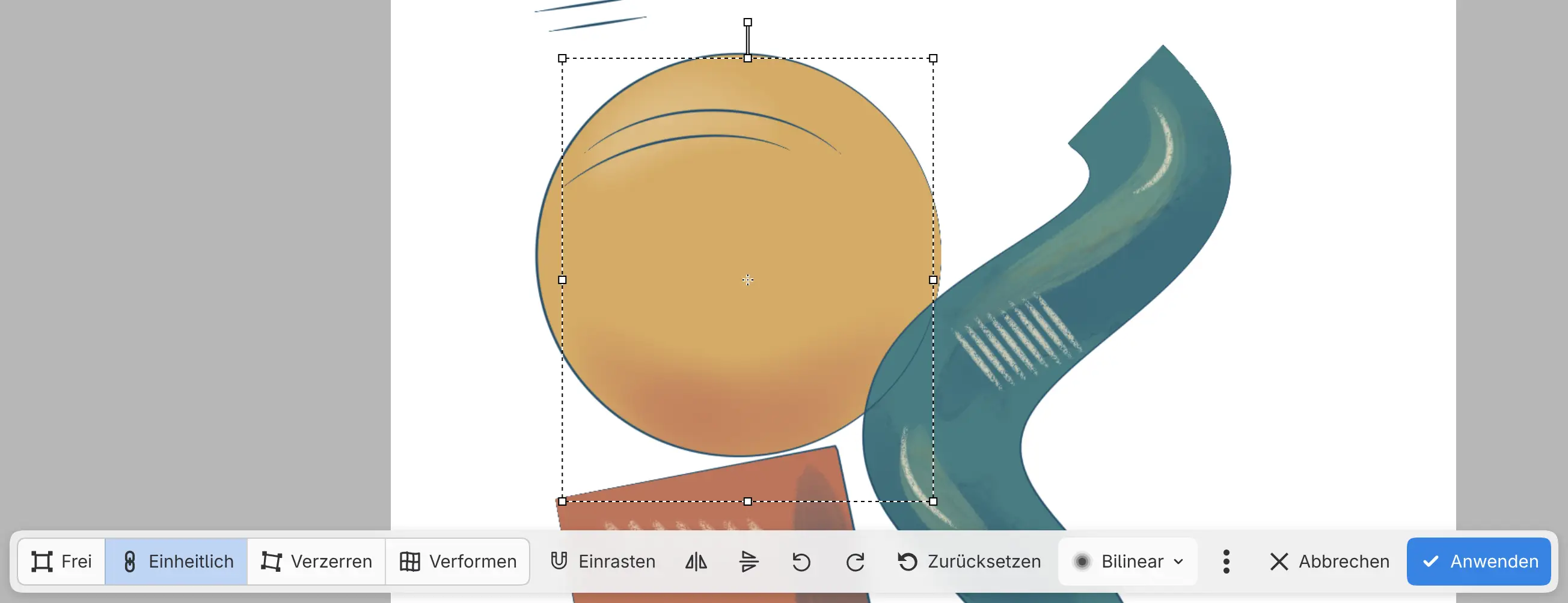 Die Leinwandaktionsleiste für eine Transformation mit Modus, Einrasten, den Schaltflächen zum Spiegeln und Drehen, Zurücksetzen, Interpolation, Abbrechen und Anwenden.
