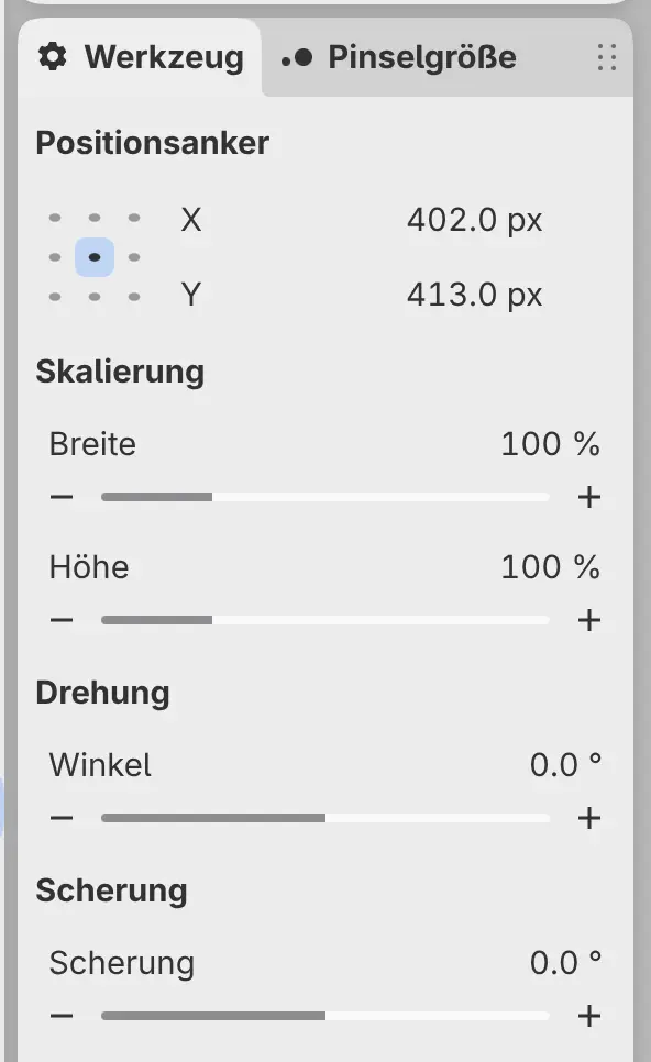 Das Bedienfeld Werkzeug während einer Transformation mit Positionsanker, Skalierung, Drehung und Scherung.