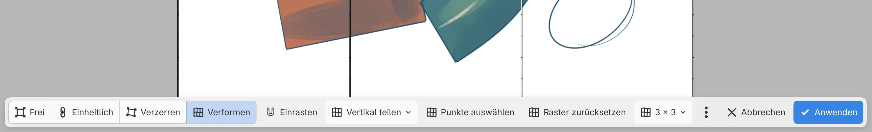 Die Leinwandaktionsleiste im Modus Verformen mit Raster teilen, Punkte auswählen, Raster zurücksetzen und Raster.