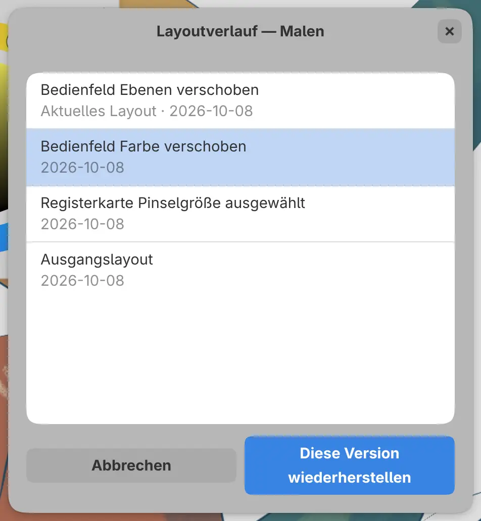 Der Dialog Layoutverlauf mit einigen aufgelisteten Änderungen.