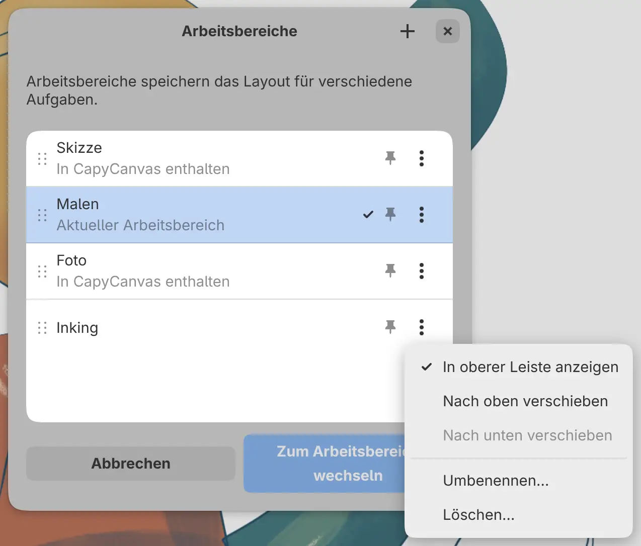 Der Dialog Arbeitsbereiche mit geöffneten Optionen eines Arbeitsbereichs.