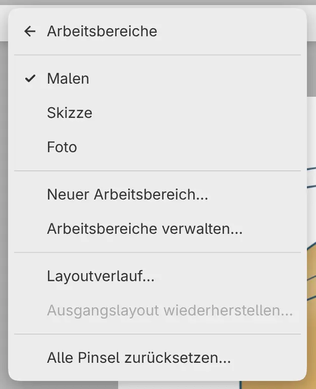 Das Untermenü Arbeitsbereiche im Menü Fenster.