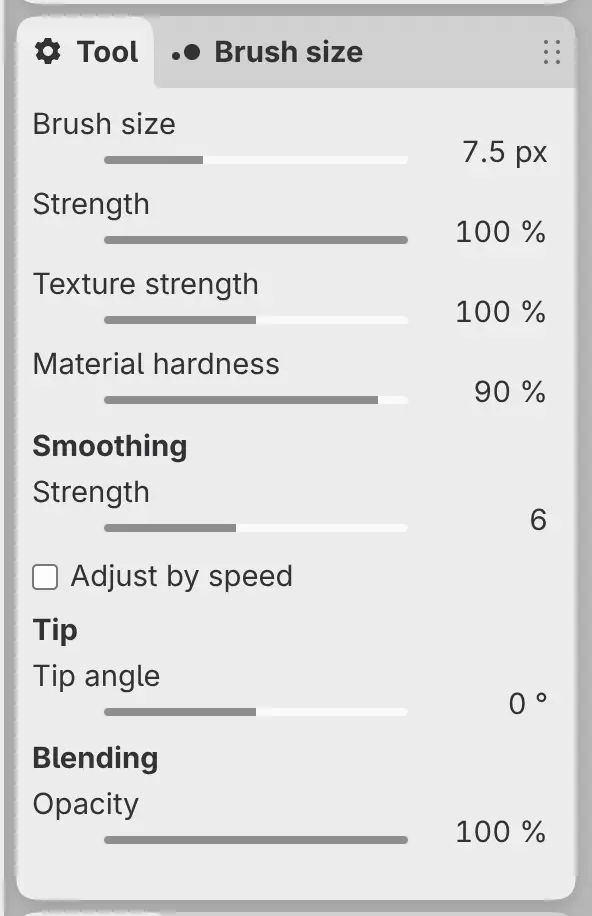 The primary controls and Material settings for a dry-media brush.