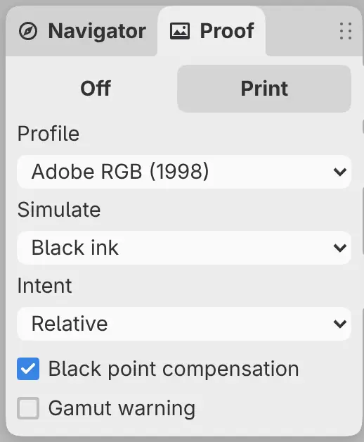 The Proof panel on its Print page with Adobe RGB (1998) chosen as the profile.