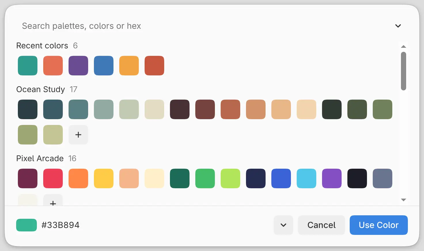 The swatch sheet with the search field, Recent colors and the palettes.