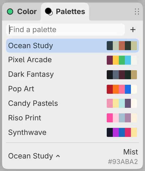 The palette list with the search field, the + button and each palette’s name and colors.
