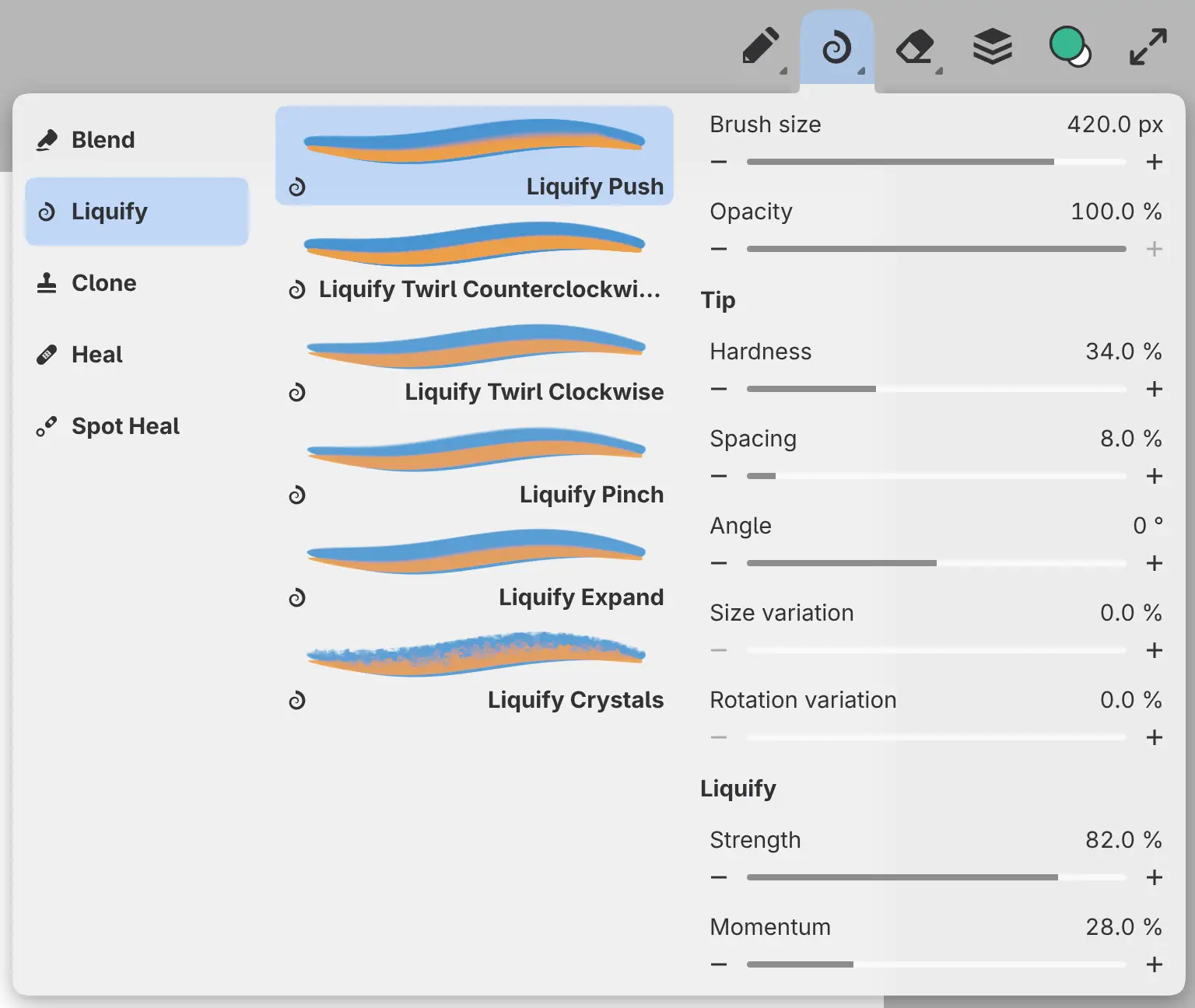The Sculpt drawer in Sketch with Liquify chosen in Sculpting and the six Liquify presets in Tools.