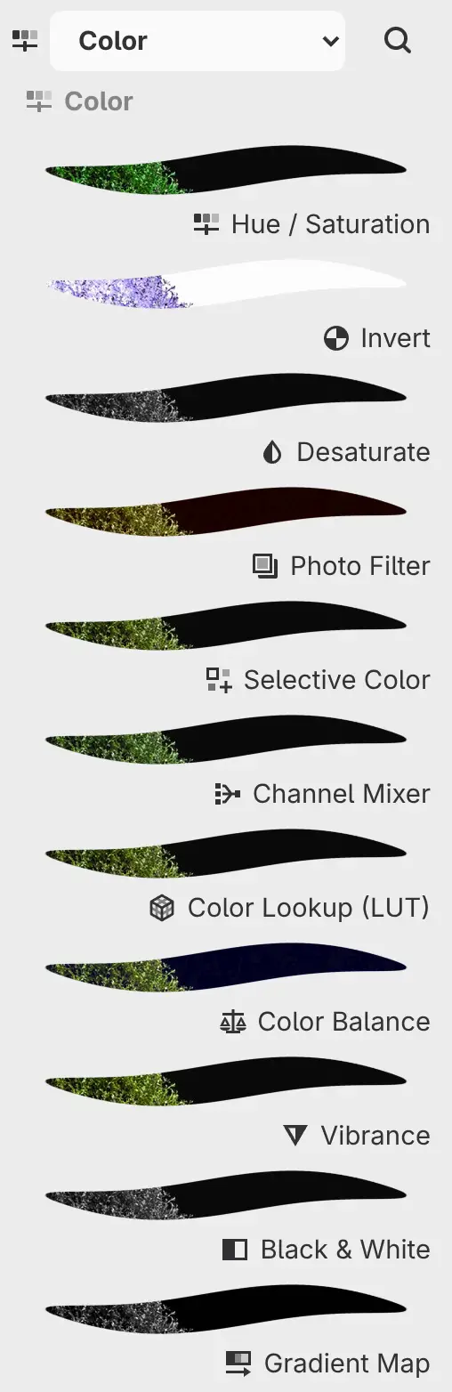 The Filters panel showing the Color category with a preview of each filter.