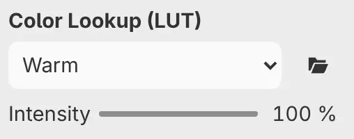 The Properties panel for Color Lookup (LUT) with the look menu and Import LUT….