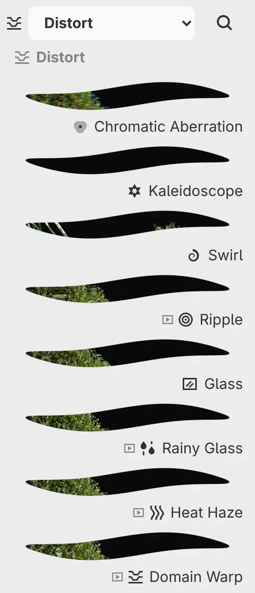 The Filters panel showing the Distort category with a preview of each filter.