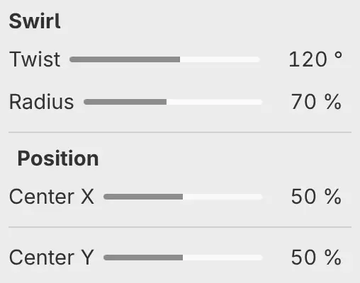 The Properties panel for Swirl with Twist, Radius and the Position settings.