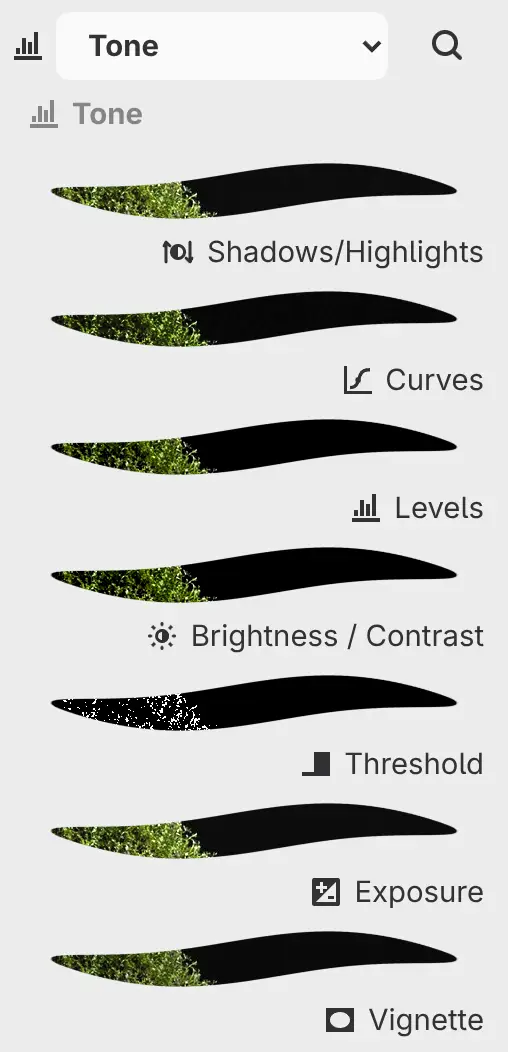 The Filters panel showing the Tone category with a preview of each filter.
