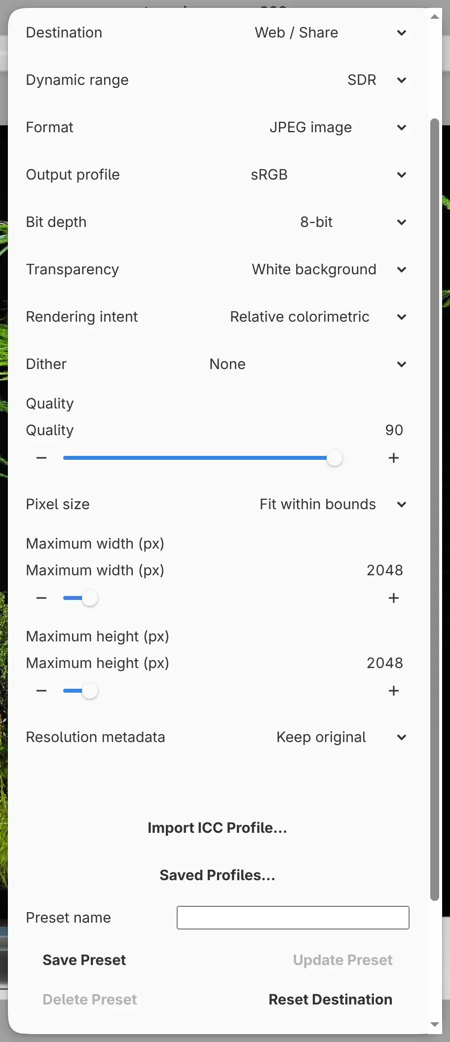 The Export image dialog with Web / Share, JPEG image, Quality 90 and Fit within bounds.