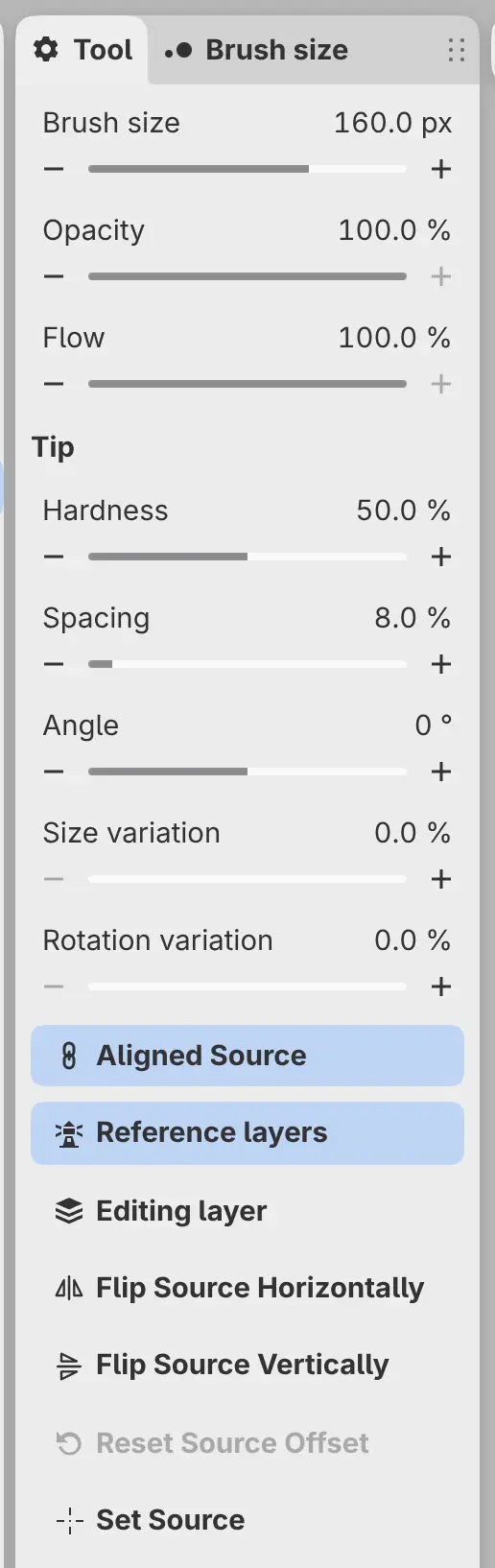 The Tool panel for Clone Stamp, with the brush settings and the source settings.