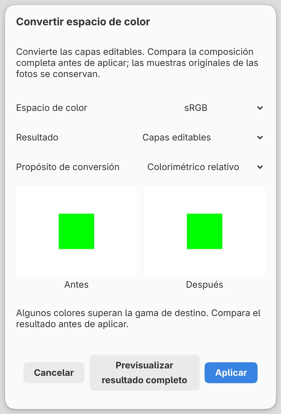El diálogo Convertir espacio de color con la comparación Antes y Después y el mensaje sobre la gama.