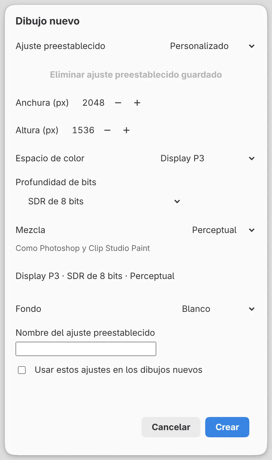 El diálogo Dibujo nuevo con Espacio de color en Display P3, Profundidad de bits, Mezcla y la línea de resumen.