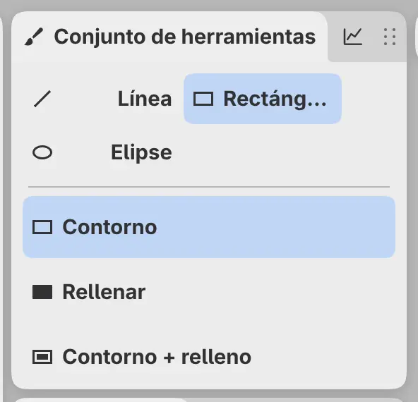 El panel Conjunto de herramientas con Línea, Rectángulo y Elipse sobre Contorno, Rellenar y Contorno + relleno.