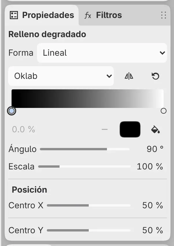 El panel Propiedades de una capa de Relleno degradado con Forma, el editor de puntos de color, Ángulo, Escala y Posición.