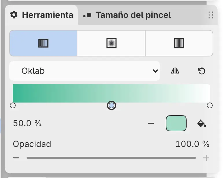 El panel Herramienta de la herramienta Degradado con la fila Forma, el editor de puntos de color y Opacidad.