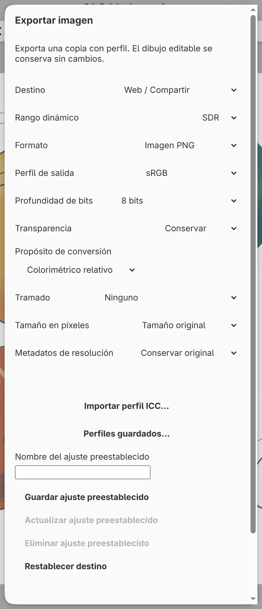 El diálogo Exportar imagen con Destino en Web / Compartir.