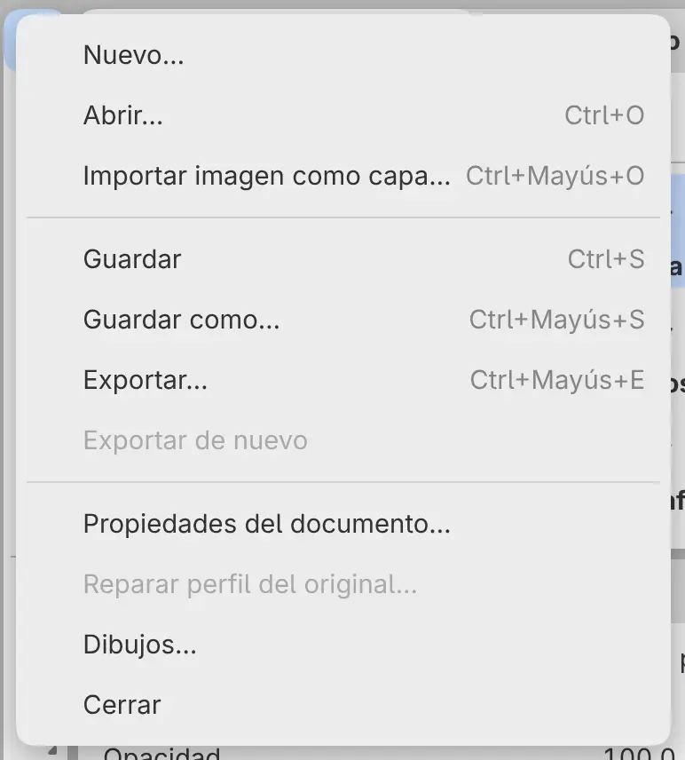 El menú Archivo con Nuevo…, Abrir…, Guardar, Guardar como… y Exportar….