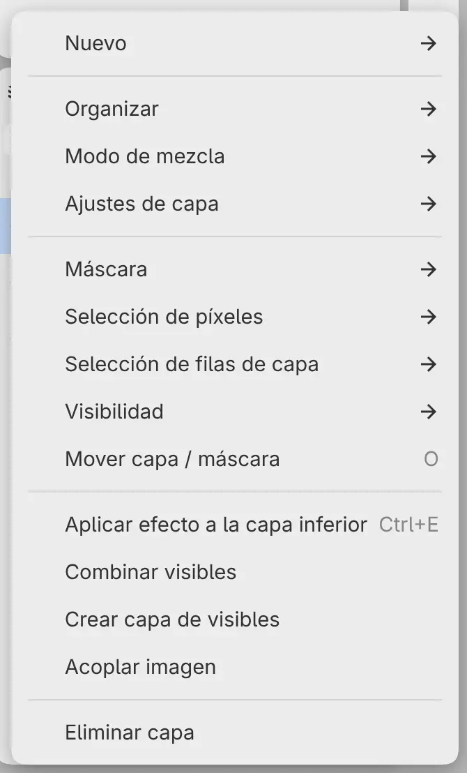 El menú de capa de un filtro con Aplicar efecto a la capa inferior.