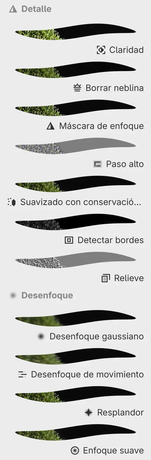 El panel Filtros con las categorías Detalle y Desenfoque y una vista previa de cada filtro.
