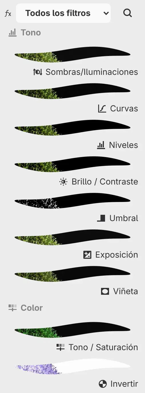 El panel Filtros con el menú de categorías, el botón de búsqueda y filas de filtros con vistas previas.