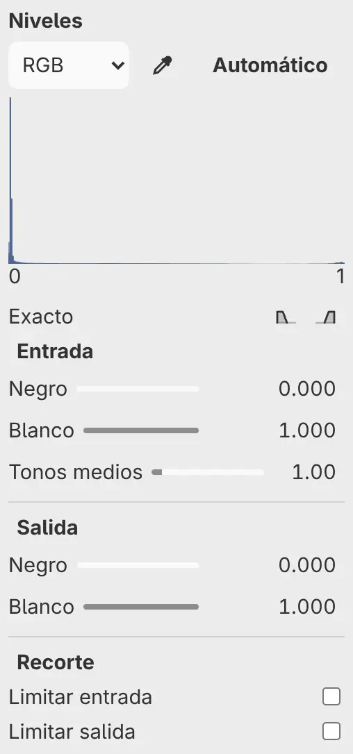 El panel Propiedades de Niveles con el histograma, Automático, Muestrear punto y los ajustes de entrada, salida y recorte.